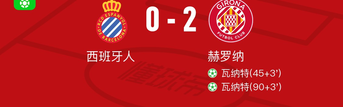 开云娱乐-赫罗纳2-0西班牙人，瓦纳特包办2球